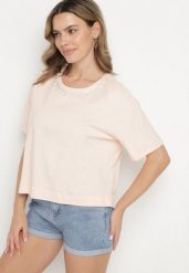 Beżowy Bawełniany T-shirt Ozdobiony Cyrkoniami Fadelis. Brązowe t-shirty damskie Born2be, l, z aplikacjami, z bawełny, eleganckie, bez kołnierzyka, bez ramiączek. Za 49.99 zł.