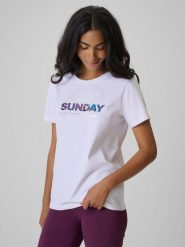 4F T-shirt regular z nadrukiem damski - biały S. Białe t-shirty damskie 4F, s, bez wzorów, z bawełny, klasyczne, bez kołnierzyka, bez ramiączek. Za 59.99 zł.