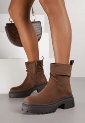 Brązowe Marszczone Botki na Grubej Podeszwie Catrie. Brązowe botki damskie Born2be, bez wzorów, z jeansu, biznesowe, bez obcasa, na płaskiej podeszwie, bez zapięcia. Za 139.99 zł.