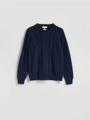 Strukturalny sweter z wełną - granatowy. Niebieskie swetry męskie Reserved, l, bez wzorów, z dzianiny, bez kołnierzyka, bez ramiączek. Za 219.99 zł.