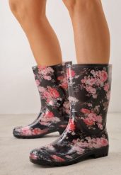 Czarne Kalosze w Kwiaty na Podeszwie z Bieżnikiem Deinassa. Czarne kalosze damskie Renee, bez wzorów, z gumy, z okrągłym noskiem, bez zapięcia. Za 79.99 zł.
