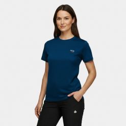 Koszulka damska merino Alpinus Otago. Niebieskie bluzki damskie Alpinus, bez wzorów, z wełny, sportowe, bez kołnierzyka, bez ramiączek. Za 149.00 zł.