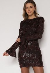 Brązowa Cekinowa Sukienka z Kwiatami 3D Naweda. Brązowe sukienki damskie Born2be, do pracy, l, bez wzorów, z jeansu, biznesowe, bez kołnierzyka, bez ramiączek. Za 209.99 zł.