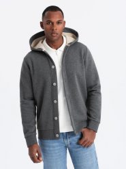 Męska bluza dresowa z kapturem zapinana na guziki – grafitowy melanż V4 OM-SSZP-0186 - XXL. Szare bluzy męskie Ombre Clothing, l, bez wzorów, z bawełny, z kapturem. Za 143.99 zł.