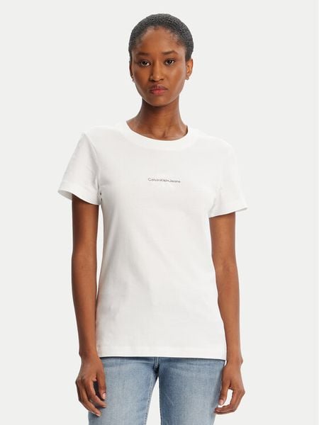 Calvin Klein Jeans T-Shirt Monologo J20J223563 Biały Slim Fit. Białe t-shirty damskie Calvin Klein Jeans, xs, bez wzorów, z bawełny, bez kołnierzyka, bez ramiączek. Za 109.99 zł.