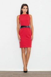 Czerwona Sukienka Wizytowa Bodycon z Kontrastową Szarfą. Czerwone sukienki damskie Figl, s, bez wzorów, z materiału, wizytowe, bez kołnierzyka, bez ramiączek, bodycon. Za 249.00 zł.