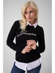 Guess Sweter W6BR53 Z1454 Czarny Regular Fit. Czarne swetry nierozpinane damskie Guess, s, z aplikacjami, z wiskozy, bez kołnierzyka, bez ramiączek. Za 344.99 zł.