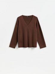 Sweter z lyocellem - ciemnobrązowy. Brązowe swetry nierozpinane damskie Reserved, l, bez wzorów, z dzianiny, bez kołnierzyka, bez ramiączek. Za 139.99 zł.