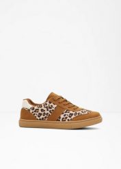 Sneakersy ze wzorem w panterkę. Brązowe obuwie sportowe damskie bonprix, bez wzorów, bez zapięcia. Za 109.99 zł.