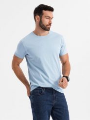 T-shirt męski klasyczny bawełniany BASIC - jasnoniebieski V19 OM-TSBS-0236 - XXL. Niebieskie t-shirty męskie Ombre Clothing, l, bez wzorów, z bawełny, bez kołnierzyka, bez ramiączek. W wyprzedaży za 39.99 zł.