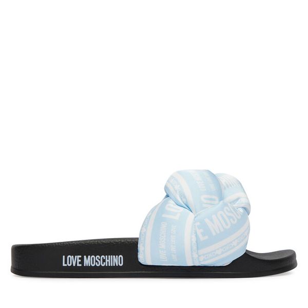 Klapki LOVE MOSCHINO. Niebieskie klapki damskie Love Moschino, bez wzorów, bez obcasa, bez zapięcia. Za 438.99 zł.