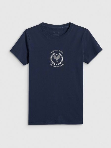 4F T-shirt slim z nadrukiem damski - granatowy S. Niebieskie t-shirty damskie 4F, s, bez wzorów, z bawełny, bez kołnierzyka, bez ramiączek. Za 59.99 zł.