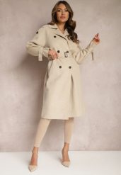 Beżowy Płaszcz o Dwurzędowym Fasonie z Paskiem Nivela. Brązowe płaszcze damskie Renee, m, bez wzorów, z jeansu, eleganckie, bez kołnierzyka, bez kaptura. Za 239.99 zł.