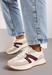Beżowo-Bordowe Płaskie Buty Sportowe Sneakersy z Geometrycznym Wzorem Nawla. Brązowe obuwie sportowe damskie Born2be, bez wzorów, bez zapięcia. Za 84.99 zł.