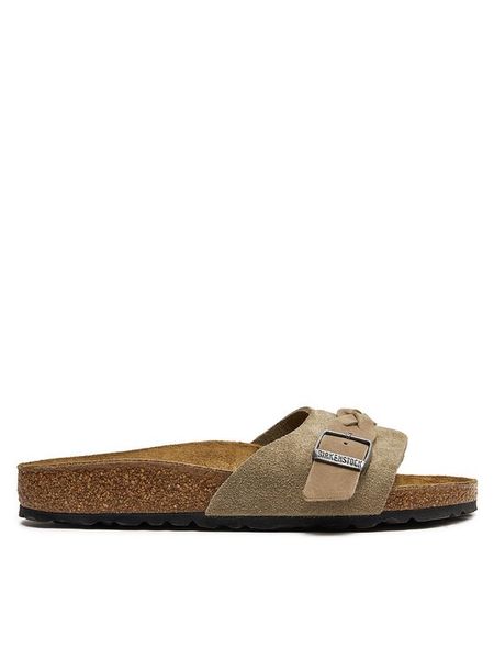 Birkenstock Klapki Oita Braided 1026730 Brązowy. Brązowe klapki damskie Birkenstock, bez wzorów, ze skóry, bez obcasa, bez zapięcia. Za 579.99 zł.