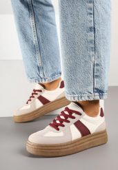 Beżowo-Bordowe Sneakersy Klasyczne Tenisówki na Tłoczonej Platformie Nanislla. Brązowe trampki i tenisówki damskie Born2be, bez wzorów, bez zapięcia. Za 99.99 zł.
