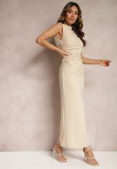 Beżowa Sukienka Bodycon o Dopasowanym Fasonie Bez Rękawów z Drapowaniem Roxelina. Brązowe sukienki damskie Renee, m, bez wzorów, bez kołnierzyka, bez ramiączek, maxi, bodycon. Za 99.99 zł.