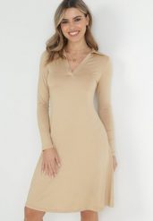 Beżowa Sukienka z Kołnierzykiem Celle. Brązowe sukienki damskie Born2be, na co dzień, l, z aplikacjami, z wiskozy, eleganckie, bez kołnierzyka, bez ramiączek, midi, kopertowe. Za 139.99 zł.