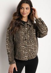 Brązowa Kurtka Jeansowa o Koszulowym Kroju w Panterkowy Print Cesina. Brązowe kurtki damskie Born2be, m, bez wzorów, z jeansu, bez kaptura. Za 74.99 zł.