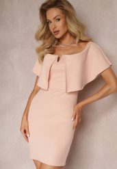 Różowa Dopasowana Sukienka z Szeroką Falbaną Miskli. Czerwone sukienki damskie Renee, l, bez wzorów, eleganckie, bez kołnierzyka, bez ramiączek, mini, dopasowane. Za 99.99 zł.