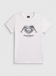 4F T-shirt regular z nadrukiem damski - biały M. Białe t-shirty damskie 4F, m, bez wzorów, z bawełny, klasyczne, bez kołnierzyka, bez ramiączek. Za 59.99 zł.