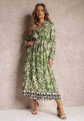 Zielona Sukienka Koszulowa Rozkloszowana z Wiązaniem Vern. Zielone sukienki damskie Renee, na co dzień, l, bez wzorów, eleganckie, bez kołnierzyka, bez ramiączek, maxi, koszulowe. Za 99.99 zł.