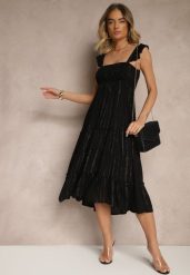 Czarna Rozkloszowana Sukienka z Wiskozy z Metalicznymi Przeszyciami Iffaria. Czarne sukienki damskie Renee, na co dzień, l, bez wzorów, z jeansu, eleganckie, bez kołnierzyka, bez ramiączek, midi, kopertowe. Za 89.99 zł.
