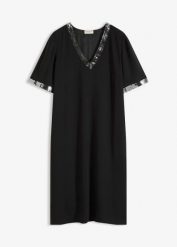 Sukienka szyfonowa z cekinami. Czarne sukienki damskie bonprix, bez wzorów, z szyfonu, eleganckie, bez kołnierzyka, bez ramiączek. Za 59.99 zł.