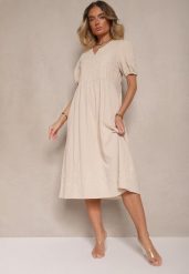 Jasnobeżowa Rozkloszowana Sukienka z Bawełny w Stylu Boho z Haftowanymi Zdobieniami Lannilsa. Brązowe sukienki damskie Renee, na spotkanie biznesowe, m, z aplikacjami, z bawełny, boho, bez kołnierzyka, bez ramiączek, midi, rozkloszowane. Za 99.99 zł.