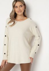 Jasnobeżowy Sweter z Dodatkiem Bawełny i Wiskozy z Guzikami na Rękawach Ciasine. Brązowe swetry nierozpinane damskie Born2be, l, bez wzorów, z bawełny, bez kołnierzyka, plus size, bez ramiączek. Za 74.99 zł.