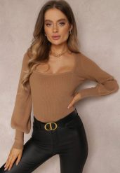 Brązowy Sweter Oranrad. Brązowe swetry nierozpinane damskie Renee, bez wzorów, z dzianiny, casualowe, bez kołnierzyka, bez ramiączek. Za 99.99 zł.