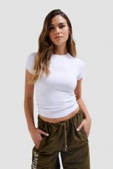 JUICY COUTURE Biały t-shirt damski z cyrkoniami Dot Ruched Tee. Białe t-shirty damskie Juicy Couture, s, bez wzorów, z materiału, eleganckie, bez kołnierzyka, bez ramiączek. W wyprzedaży za 126.99 zł.