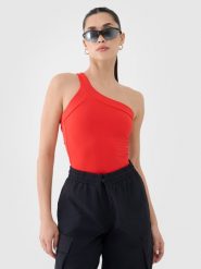 4F Crop-top slim z asymetrycznym ramiączkiem damski - czerwony S. Czerwone topy damskie 4F, s, bez wzorów, z dzianiny, sportowe, z asymetrycznym kołnierzem, bez ramiączek. W wyprzedaży za 19.99 zł.