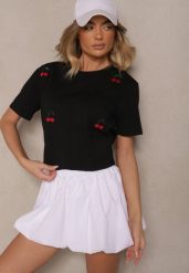 Czarny T-shirt z Bawełny z Haftowanymi Detalami w Wiśnie Nevianeva. Czarne t-shirty damskie Renee, m, bez wzorów, z bawełny, biznesowe, bez kołnierzyka, bez ramiączek. Za 29.99 zł.