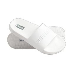 Damskie klapki basenowe z logo Superdry Code. Białe klapki damskie Superdry, bez wzorów, z materiału, klasyczne, bez obcasa, bez zapięcia. Za 141.85 zł.