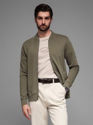 Bawełniana rozpinana bluza męska dresowa bomberka khaki V1 OM-SSZP-0215 S. Brązowe bluzy męskie Ombre, m, bez wzorów, z bawełny, bez kaptura. Za 302.57 zł.