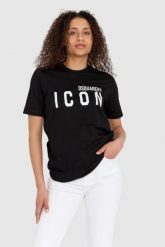 DSQUARED2 Czarny t-shirt damski z logo icon. Czarne t-shirty damskie Dsquared2, s, bez wzorów, z bawełny, bez kołnierzyka, bez ramiączek. W wyprzedaży za 639.99 zł.