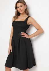 Czarna Sukienka Rozkloszowana z Ozdobną Kokardą na Plecach Sonarisea. Czarne sukienki damskie Born2be, m, bez wzorów, klasyczne, bez kołnierzyka, bez ramiączek, midi, rozkloszowane. Za 129.99 zł.
