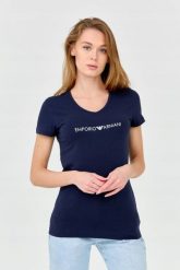 EMPORIO ARMANI Damski t-shirt granatowy. Niebieskie t-shirty damskie Emporio Armani, s, bez wzorów, z bawełny, bez kołnierzyka, bez ramiączek. W wyprzedaży za 188.99 zł.