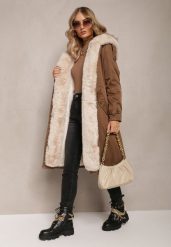 Brązowa Długa Kurtka Parka Nylonowa Płaszcz z Futrzanymi Wstawkami Rinale. Brązowe kurtki damskie Renee, l, bez wzorów, z futra, bez kaptura. Za 329.99 zł.