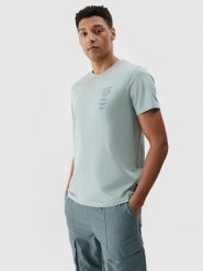 4F T-shirt regular z nadrukiem męski - turkusowy M. Niebieskie t-shirty męskie 4F, m, bez wzorów, z bawełny, bez kołnierzyka, bez ramiączek. W wyprzedaży za 39.99 zł.