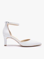 Białe ślubne czółenka ze skóry licowej. Białe czółenka damskie Ryłko, bez wzorów, z gumy, klasyczne, bez obcasa, na obcasie, bez zapięcia. Za 399.99 zł.