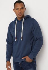 Granatowa Bluza z Bawełną i Kapturem Ozdobiona Sznurkami Arflora. Niebieskie bluzy męskie Born2be, l, bez wzorów, z bawełny, z kapturem. Za 84.99 zł.