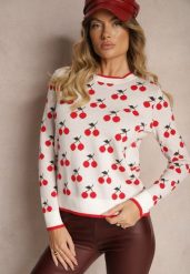 Biały Casualowy Sweter z Wiskozą Ozdobiony Printem w Wisienki Avattria. Białe swetry nierozpinane damskie Renee, bez wzorów, z jeansu, casualowe, bez kołnierzyka, bez ramiączek. Za 119.99 zł.