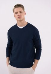 Sweter z dekoltem w serek S-STIG. Niebieskie swetry męskie Volcano, l, bez wzorów, z bawełny, klasyczne, bez kołnierzyka, bez ramiączek. Za 139.99 zł.