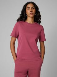 4F T-shirt regular gładki damski - burgundowy XXL. Czerwone t-shirty damskie 4F, xxl, bez wzorów, z materiału, bez kołnierzyka, bez ramiączek. Za 79.99 zł.