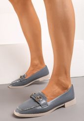 Niebieskie Półbuty w Stylu Loafersów z Perforacją Drobnymi Cyrkoniami i Klamrą Keryth. Niebieskie półbuty damskie Renee, z aplikacjami, z bawełny, eleganckie, z okrągłym noskiem, bez obcasa, na płaskiej podeszwie, bez zapięcia. Za 89.99 zł.