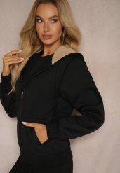 Czarna Bluza Rozpinana z Dodatkiem Bawełny Ozdobiona Kontrastowym Kapturem Arstoia. Czarne bluzy damskie Renee, l, bez wzorów, z bawełny, eleganckie, bez ramiączek. Za 74.99 zł.