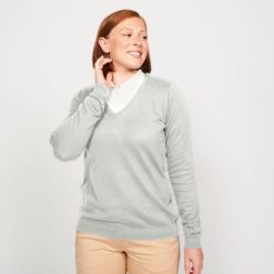 Sweter do golfa damski Inesis MW100. Szare swetry nierozpinane damskie INESIS, l, bez wzorów, z bawełny, eleganckie, bez kołnierzyka, bez ramiączek. Za 69.99 zł.