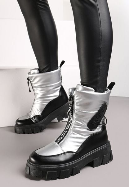 Srebrne Śniegowce z Ekoskóry z Ozdobnym Suwakiem i Napisem Veneria. Szare śniegowce damskie Renee, z jeansu, bez zapięcia. Za 44.99 zł.